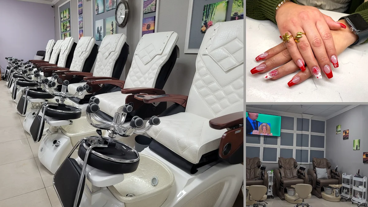 Technician shaping nails at a salon table.
