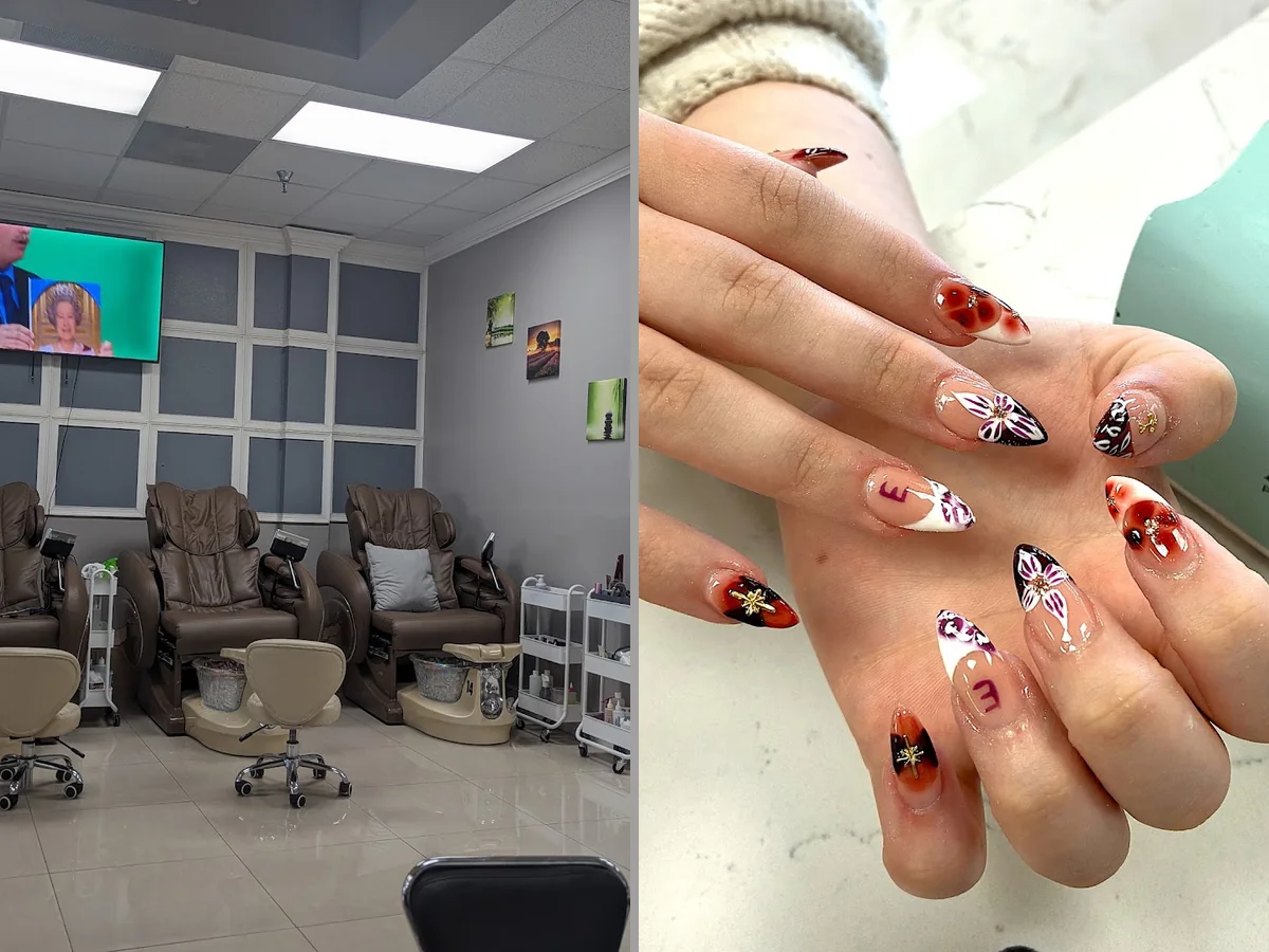 Manicured hands beside polished nail colors.